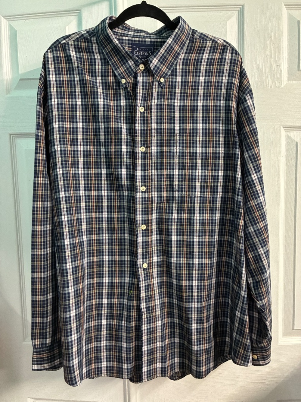 BASIC EDITIONS Navy/White Plaid Men's Poly Cotton Button Down Casual Shirt 3X